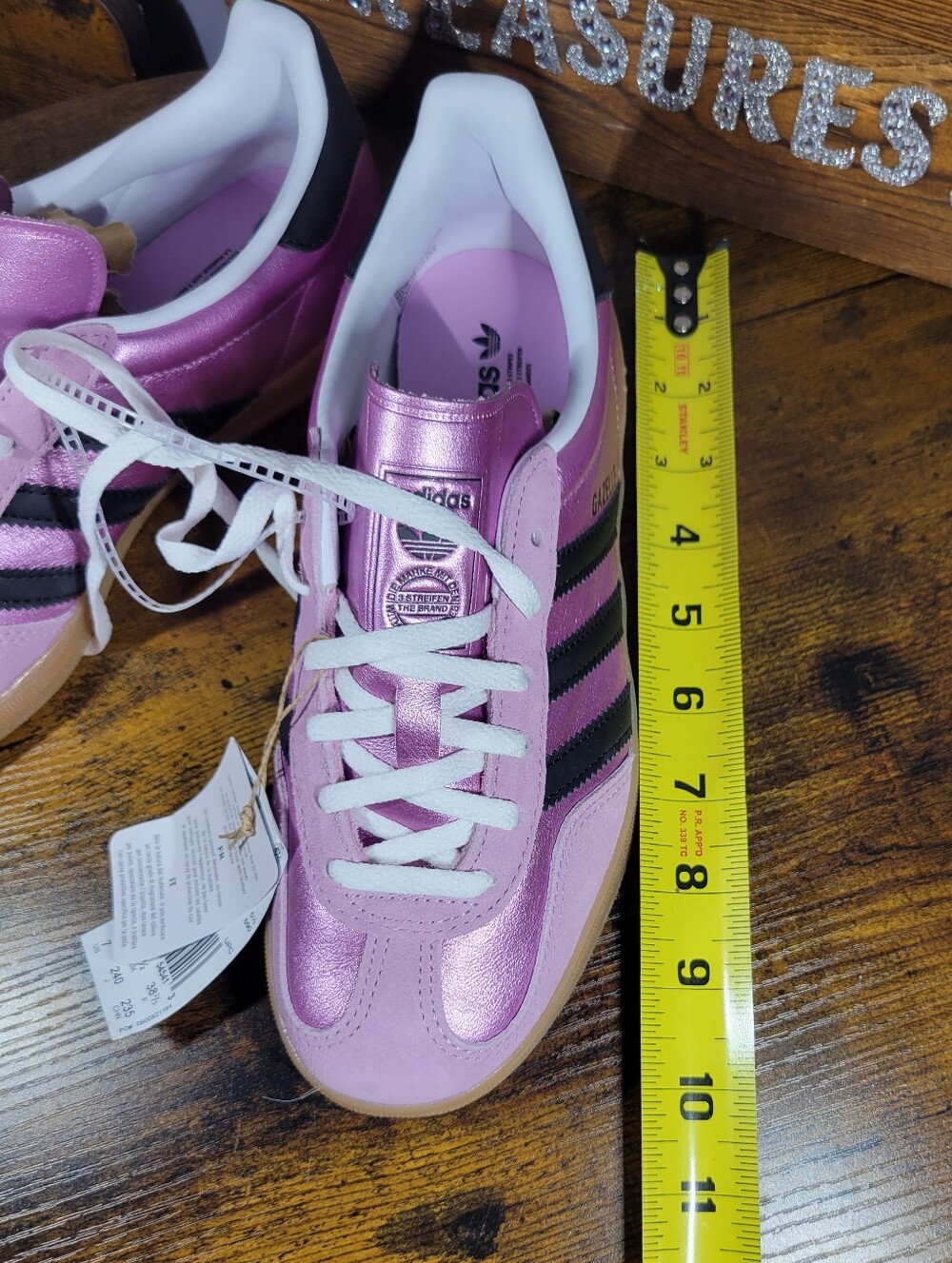 Adidas Gazelle Metallic Pink Sneakers with Black Stripes - Picture 11 of 14